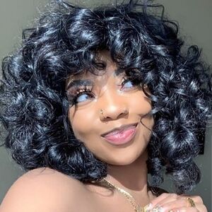BLACK Curly Wig BOB Glueless Wig Afro Wig with Bang 12" Synthetic